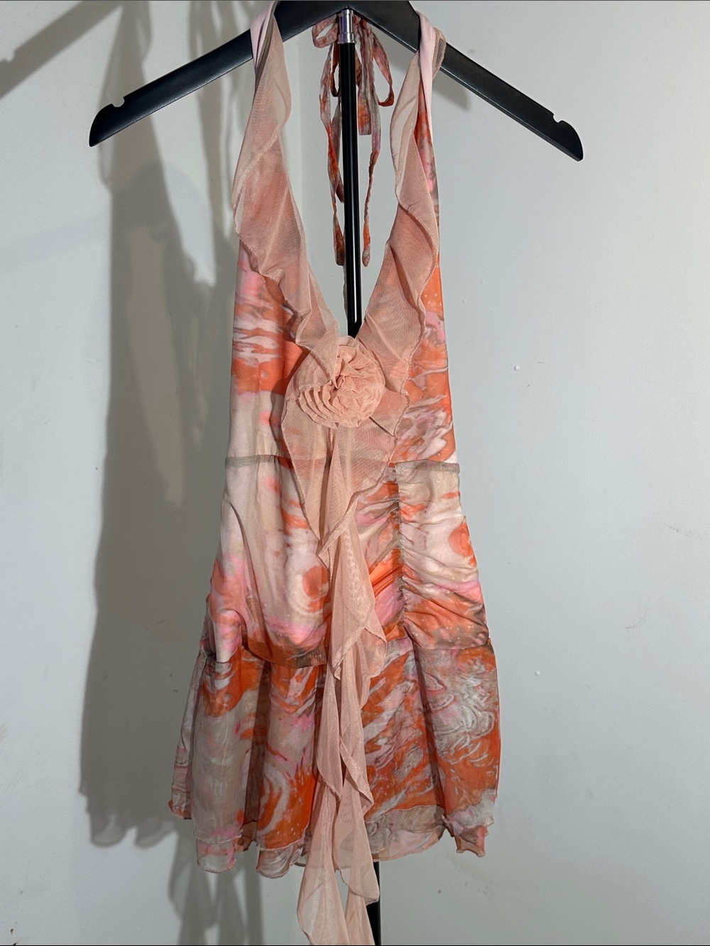 SHEIN Peach & Coral Marble One-Shoulder Halter Dress with Rosette